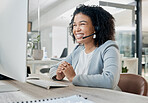 Black woman, call center and computer with CRM and contact us, phone call with customer service or telemarketing. Tech support, technology and office with communication and contact center employee.