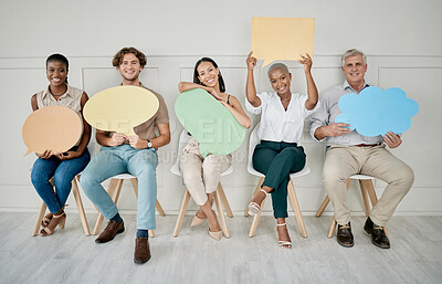 Buy stock photo Business people, queue and interview with speech bubble, mockup vote and opinion space in office for job. Group diversity, recruitment and opinion for social media, chat or digital marketing company