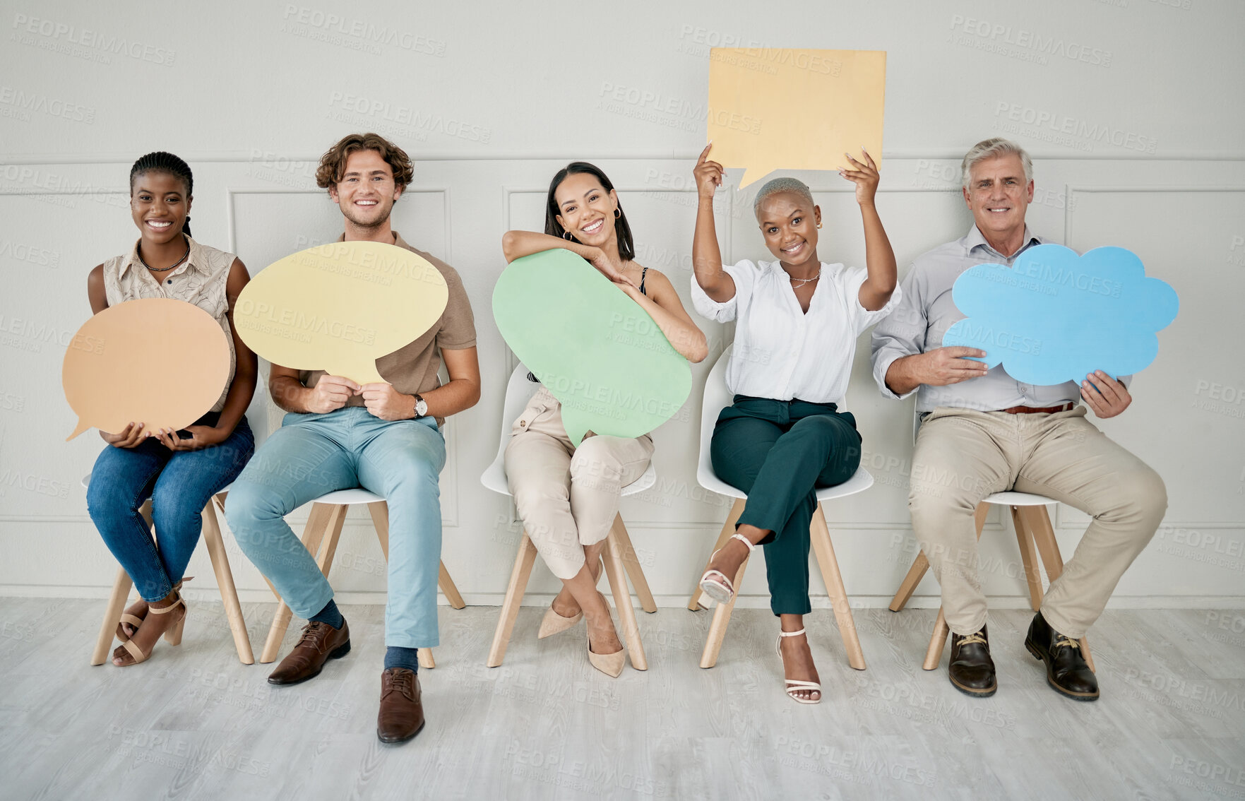 Buy stock photo Business people, queue and interview with speech bubble, mockup vote and opinion space in office for job. Group diversity, recruitment and opinion for social media, chat or digital marketing company