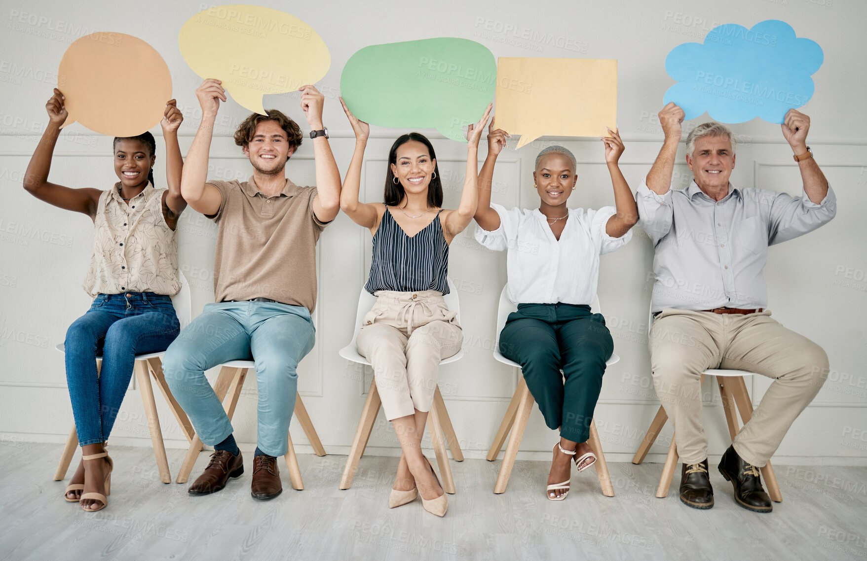 Buy stock photo Business people, queue and interview with speech bubble, mockup vote and opinion space in office for job. Group diversity, recruitment and opinion for social media, chat or digital marketing company