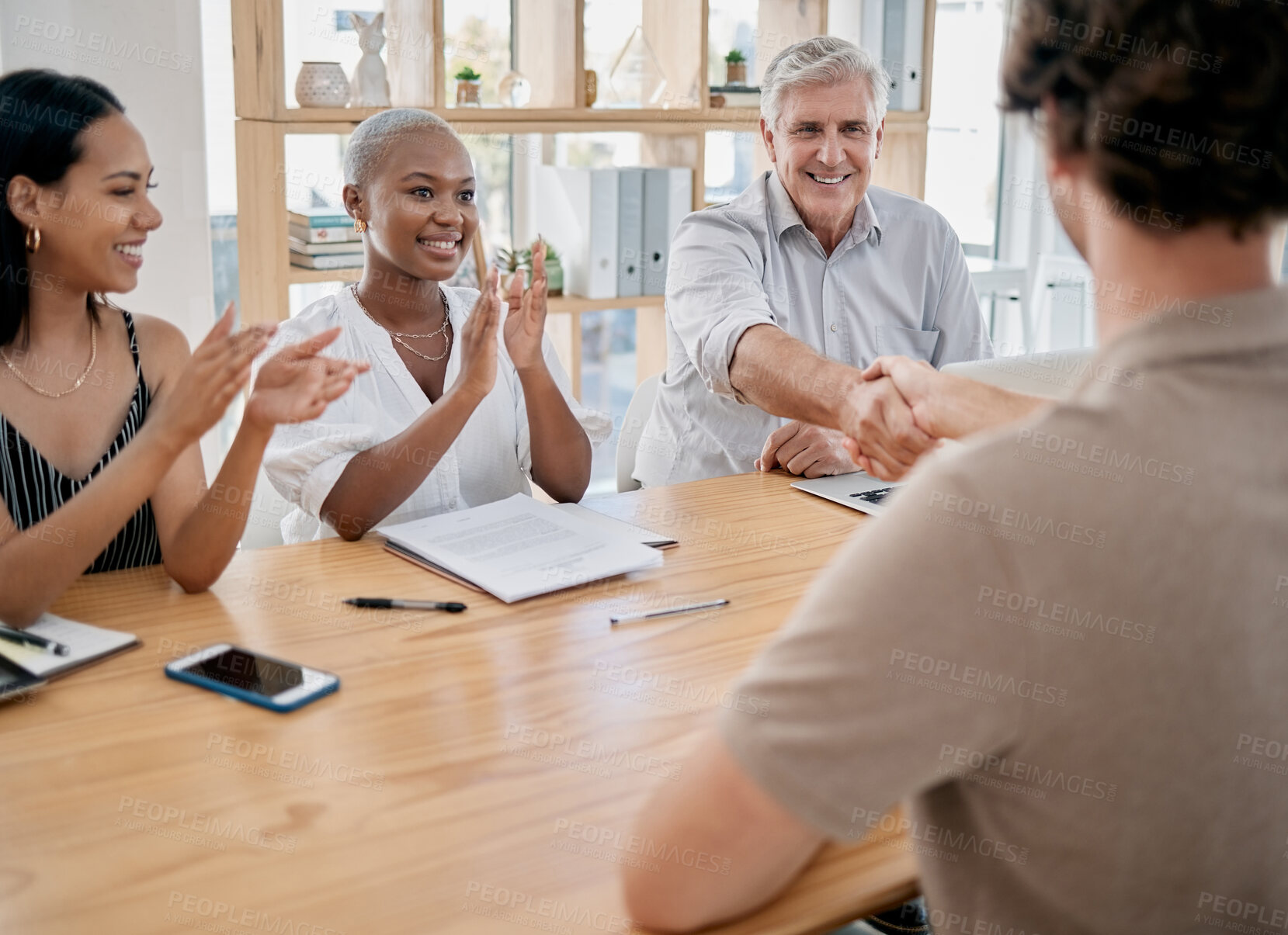 Buy stock photo Business people, meeting and applause for handshake, ceo or black woman in office for promotion. Corporate team, shaking hands and congratulations for partnership, collaboration or success in startup