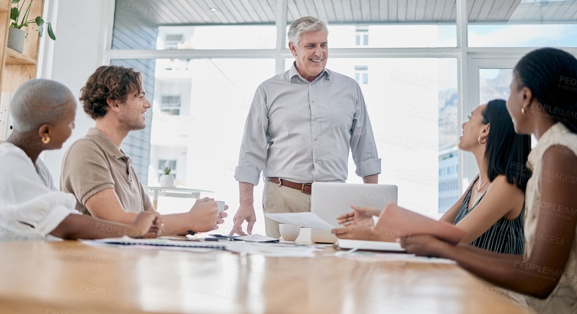 Buy stock photo Business, man and team with leader, meeting or brainstorming in office. Teamwork, male employee or ceo with staff, group project or share idea for collaboration, leadership or innovation in workplace