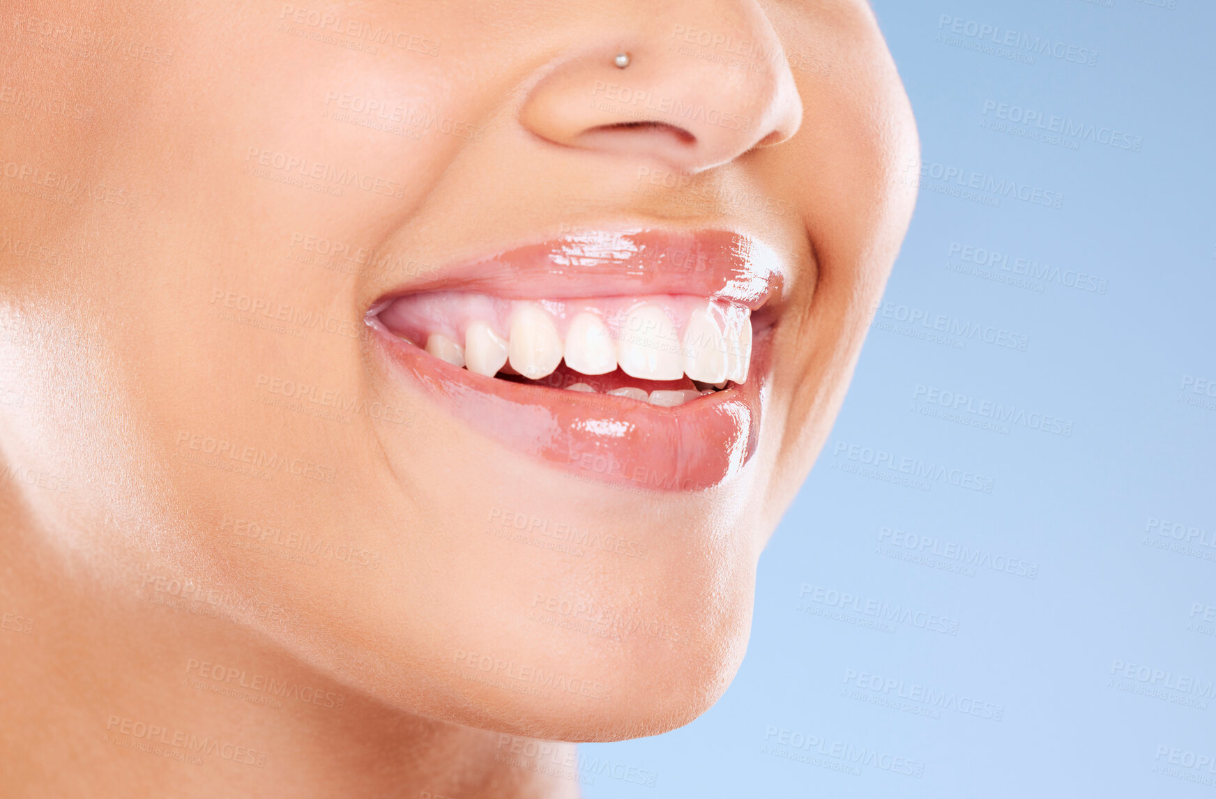 Buy stock photo Teeth, mouth and beauty with woman and smile, dental care and Invisalign with teeth whitening and lips against studio background. Face, healthy skin and veneers with cosmetic care and lip filler zoom