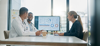 Buy stock photo Teamwork, consulting and doctors with patient in hospital in meeting for help or assistance. Healthcare documents, data charts and woman in consultation with medical workers for vaccine information.