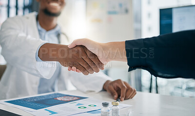 Buy stock photo Doctor, handshake and meeting with patient, smile and greeting for vaccination education, talk or help. Black man, doctors and shaking hands with client for wellness, healthcare or medicine in clinic