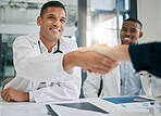 Doctor, handshake and meeting with patient, smile and greeting for vaccination education, talk or help. Black man, doctors and shaking hands with client for wellness, healthcare or medicine in clinic