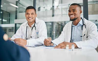 Buy stock photo Teamwork, healthcare and doctors in meeting at hospital with patient. Wellness, consultation and person consulting medical professionals for advice, assistance or help with vaccination information.