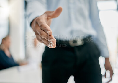 Buy stock photo Handshake, employee welcome and hand of a businessman for b2b, recruitment and corporate meeting. Thank you, consulting and worker hiring, networking and giving an hr hello for an agreement deal