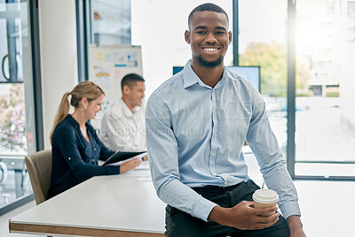Buy stock photo Face portrait, leadership and black man in meeting ready for goals or targets. Ceo, boss and young, happy and confident male entrepreneur with vision, mission and success mindset in company workplace