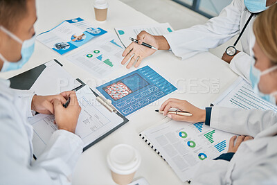 Buy stock photo Covid, teamwork and doctors with documents in meeting in hospital office. Corona, collaboration and top view of medical people, group or staff with paperwork, data and statistics for vaccine planning