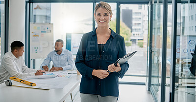 Buy stock photo Portrait, documents and building with a woman architect standing in her office boardroom at work. Architecture, design and mindset with a female builder holding a paperwork clipboard while working