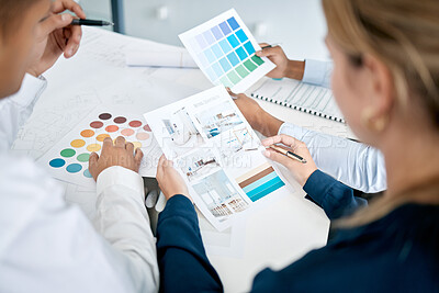 Buy stock photo Planning collaboration, swatch and interior design team work on renovation, creative project or architecture development. Diversity designer meeting, choice and architect employee brainstorming idea