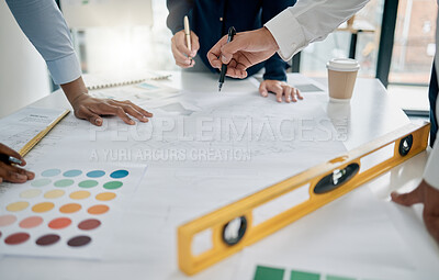 Buy stock photo Hands, building blueprint and architect teamwork, planning construction project and discussion. Collaboration, engineers and group of people with drawing, design and layout for architecture project.