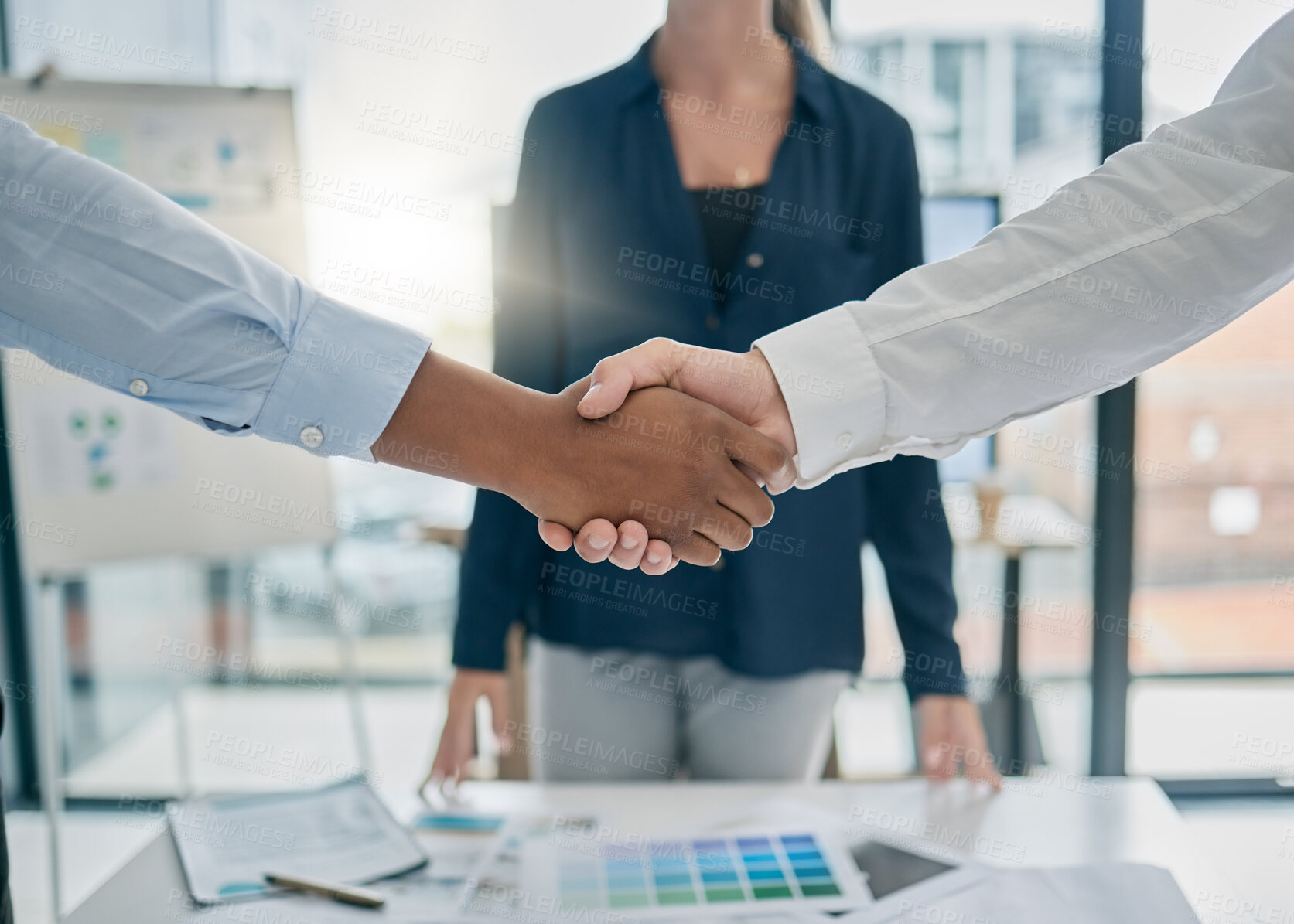 Buy stock photo Handshake, office and business people with corporate deal, agreement or partnership with success. Meeting, professional and businessmen shaking hands for welcome, greeting or company onboarding.