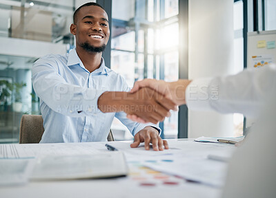 Buy stock photo Hiring, designer or black man shaking hands with human resources manager for a successful job interview in office. Handshake, meeting or worker with a happy smile for a job promotion or business deal