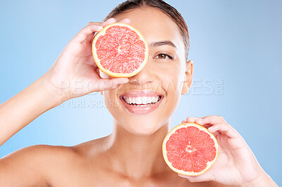 Buy stock photo Grapefruit, skincare and wellness of a woman with fruit, cosmetics smile or healthcare face glow. Model, happy or girl  with fruits for health, cosmetic and healthy aesthetic facial beauty with food