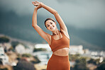 Fitness, stretching and portrait of woman in city for healthy lifestyle, wellness and exercise in nature. Sports, workout and Latin girl stretch arms outdoors for cardio, yoga training and pilates