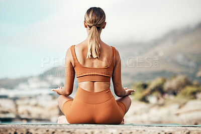 Buy stock photo Yoga woman, outdoor meditation and mountain for peace, mindfulness or balance chakra in morning. Zen meditate, spiritual wellness and training for energy, focus or self care by mountains in Cape Town