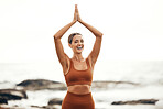 Yoga, balance and woman at the beach with fitness, body and wellness with pilates and zen outdoor in nature. Stretching, chakra and spiritual exercise, ocean and sky mockup, mindfulness and portrait.