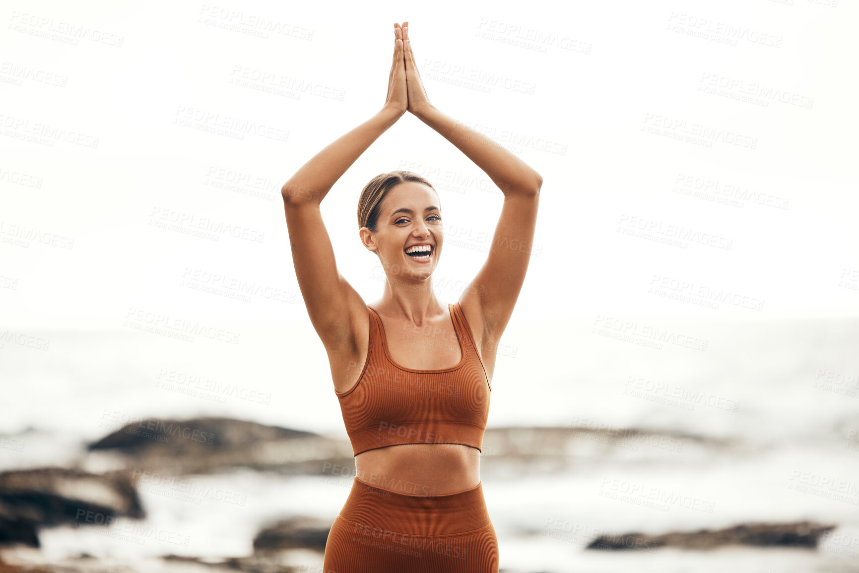 Buy stock photo Yoga, balance and woman at the beach with fitness, body and wellness with pilates and zen outdoor in nature. Stretching, chakra and spiritual exercise, ocean and sky mockup, mindfulness and portrait.