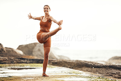 Buy stock photo Exercise, woman and stretching on beach, workout and fitness for balance, wellness and health. Female, girl and training on seaside, zen and practice for performance, healthy and energy for power.