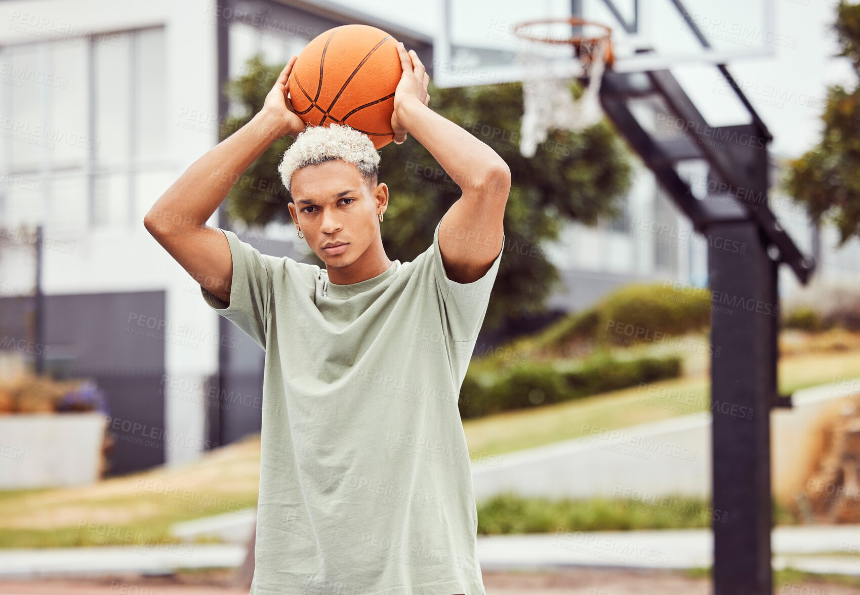 Buy stock photo Basketball, young man and basketball player with sport in park with portrait in city and exercise outdoor. Fitness, athlete on basketball court, focus and urban with sports motivation and training.