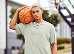 Fashion, fitness or portrait of black man with basketball in training practice, workout or exercise on city basketball court. Sports, game or male model with cool trendy clothes, Motivation or talent
