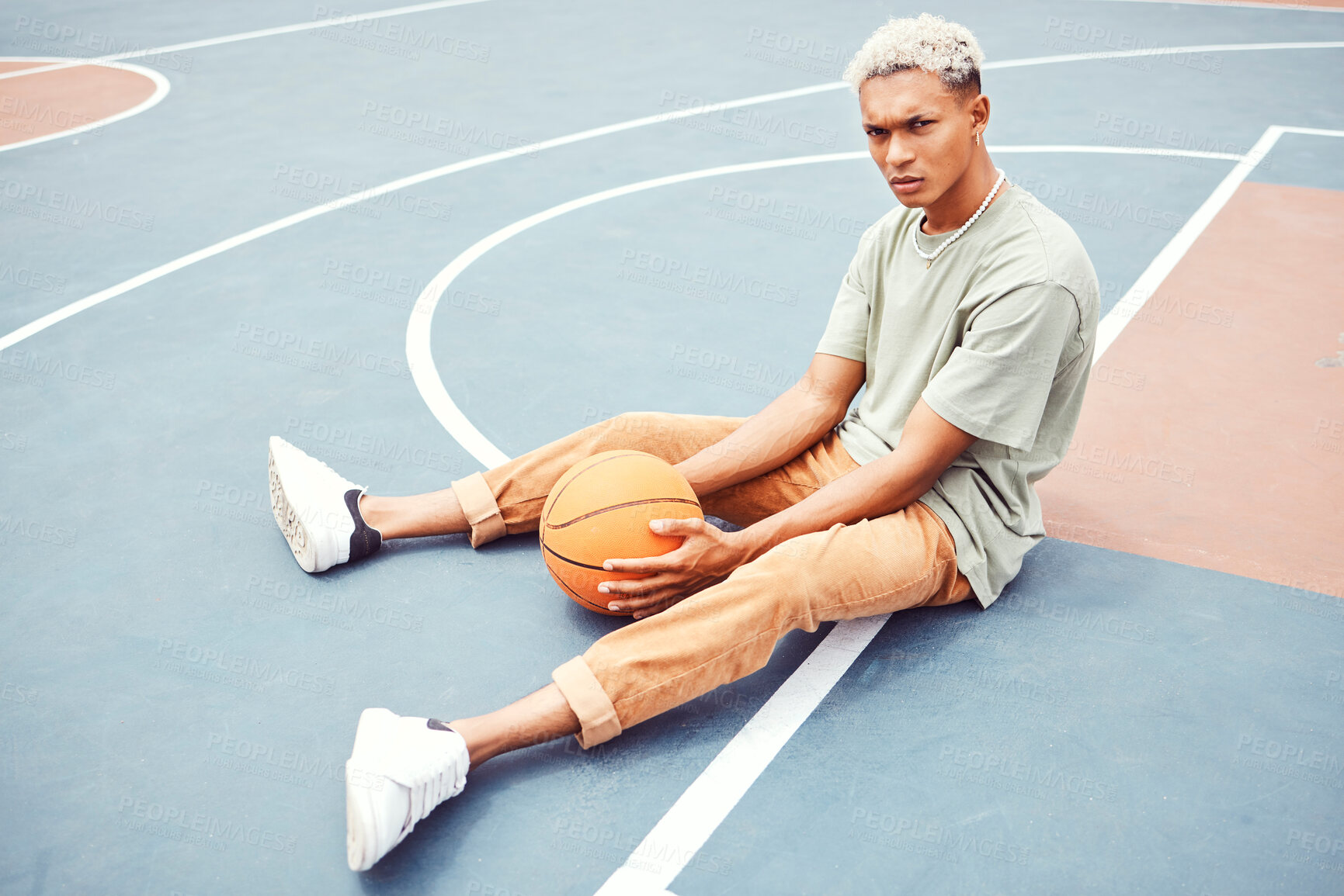 Buy stock photo Black man, basketball court and portrait for fashion, sports or outdoor fitness in summer sunshine. Urban man, basketball player or sport for wellness, exercise or workout with edgy clothes in city