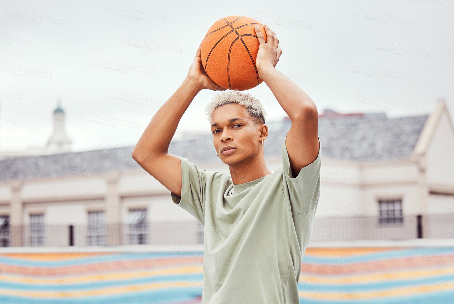 Buy stock photo Basketball, young man and basketball player with sport in park with portrait in city and exercise outdoor. Fitness, athlete on basketball court, focus and urban with sports motivation and training.