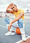 Basketball, fashion and portrait of black man on basketball court with hand frame for beauty, style and outfit. Sports, leisure and and male model with hand frame and edgy clothes in urban park
