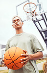 Sports, basketball court and a portrait of man with ball outside at park. Exercise, motivation and workout for fitness, wellness and health. Street game, outdoor basketball training and serious face.