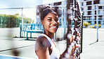 Fitness, fence or portrait of black woman on a tennis court relaxing on training, exercise or workout break in summer. Happy, sports athlete or healthy African girl ready to play a fun match or game
