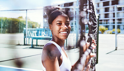 Buy stock photo Fitness, fence or portrait of black woman on a tennis court relaxing on training, exercise or workout break in summer. Happy, sports athlete or healthy African girl ready to play a fun match or game