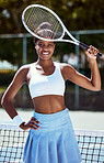 Black woman, tennis racket and outdoor portrait in summer with smile, sport training or fitness. Tennis court, happiness and tennis player girl for sports exercise, workout or sunshine in Los Angeles