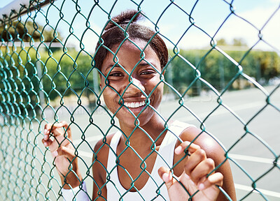Buy stock photo Fitness, fence or portrait of black woman on a tennis court relaxing on training, exercise or workout break in summer. Happy, sports athlete or healthy African girl ready to play a fun match or game