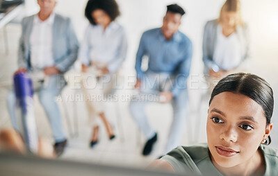 Buy stock photo Presentation, writing and business woman in meeting for planning sales, advertising and marketing strategy. Leadership, training and female employee presenting creative ideas in company workplace.
