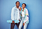 Skateboard, black couple and happiness portrait together for youth, gen z and summer motivation outdoor. African man, black woman and young love, freedom and happy skater lifestyle in city background