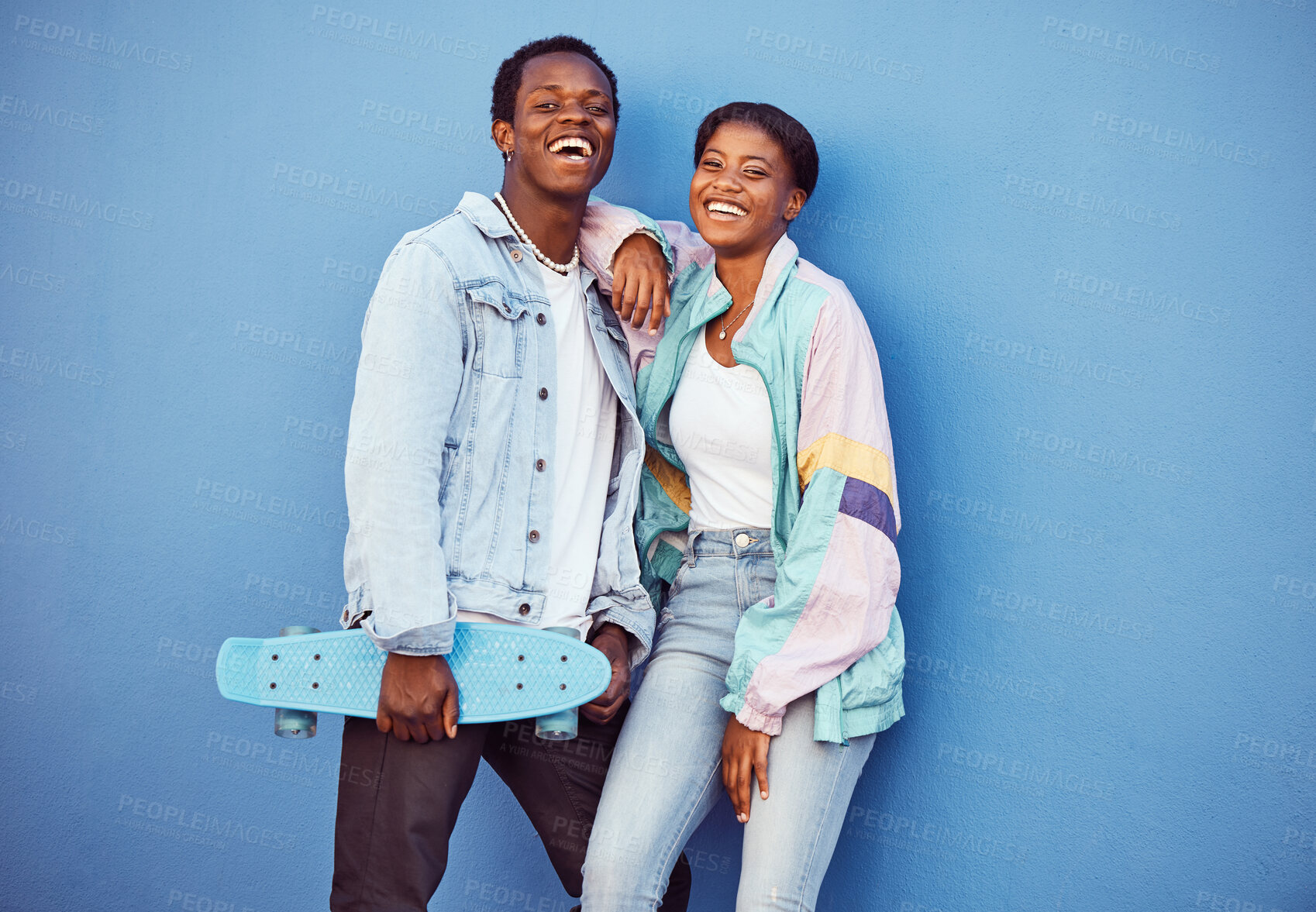 Buy stock photo Skateboard, black couple and happiness portrait together for youth, gen z and summer motivation outdoor. African man, black woman and young love, freedom and happy skater lifestyle in city background
