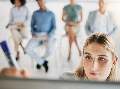 Buy stock photo Presentation, writing and business woman in meeting for planning sales, advertising and marketing strategy. Leadership, training and female employee presenting creative ideas in company workplace.
