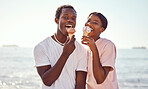 Portrait, black couple and ice cream on beach, love and bonding together on vacation. Romance, man and woman with cold desserts, seaside holiday and loving for relationship, break or weekend to relax