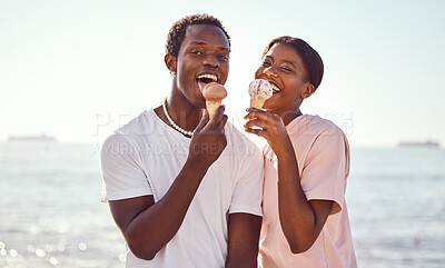 Buy stock photo Portrait, black couple and ice cream on beach, love and bonding together on vacation. Romance, man and woman with cold desserts, seaside holiday and loving for relationship, break or weekend to relax