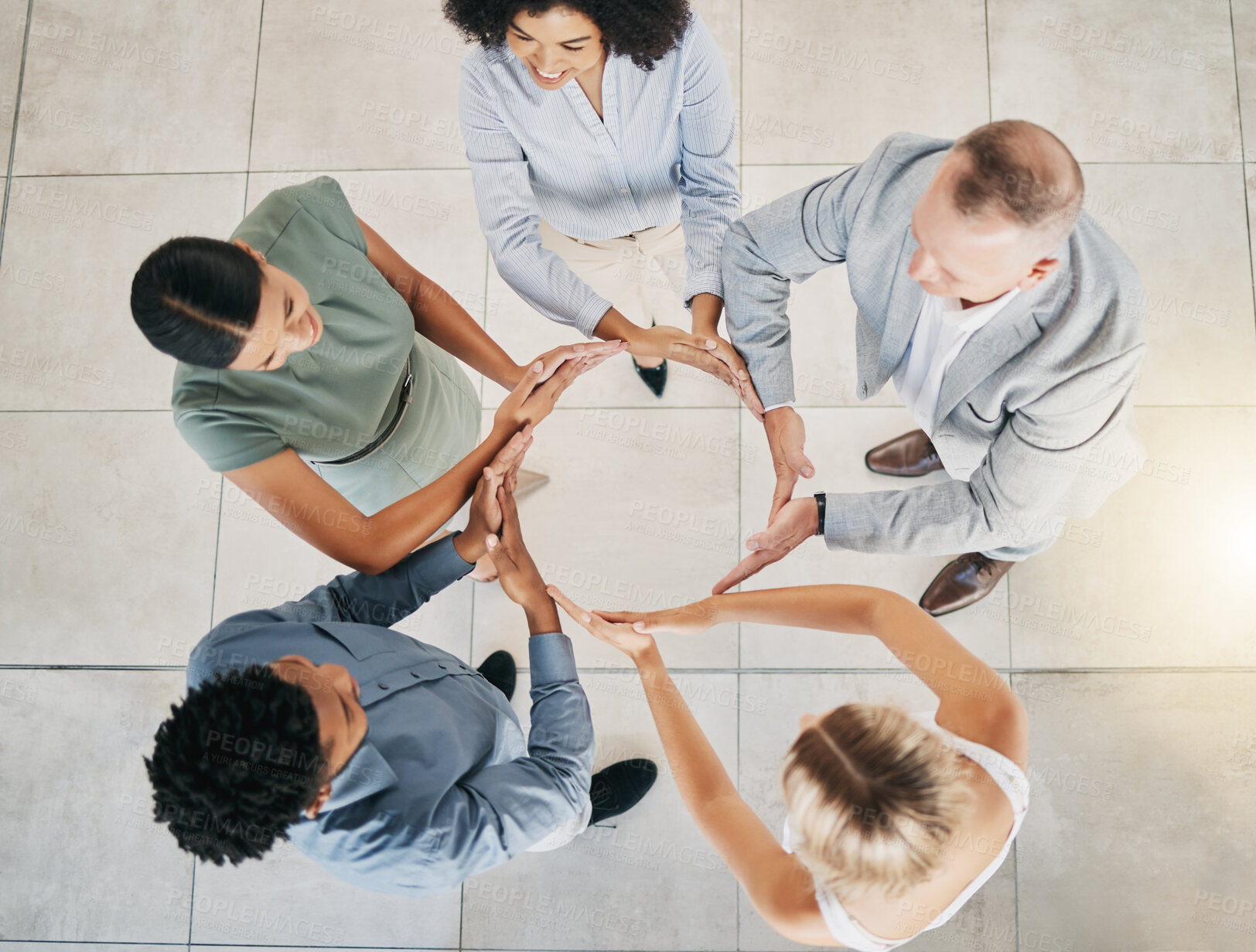 Buy stock photo Top view, business people or circle hands in collaboration, diversity team building or financial growth support. Men, women or workers solidarity gesture, teamwork mission or finance goals motivation