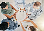 Top view, business people or circle hands in collaboration, diversity team building or financial growth support. Men, women or workers solidarity gesture, teamwork mission or finance goals motivation