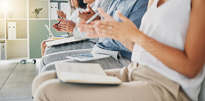 Buy stock photo Business, conference and applause from group of people happy at workshop or kpi target presentation for startup growth. Hands clapping, men and women in audience at tradeshow clap in celebration.