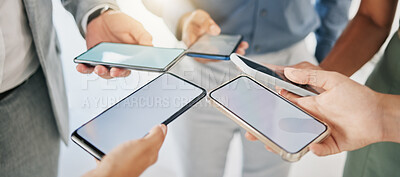 Buy stock photo Mockup, business and closeup of smartphone, connection and social media. Screens, group and people with cellphones, typing and search internet with communication, online chatting and texting message