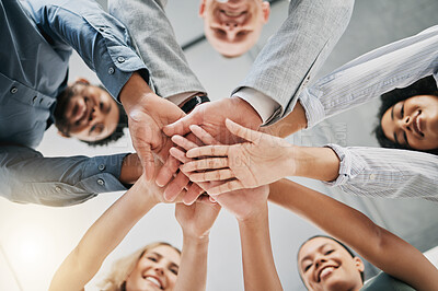 Buy stock photo Team building, hands or happy business people with support, mission or goals for success in office building. Low angle, meeting or employees in partnership working with hope, team work or motivation