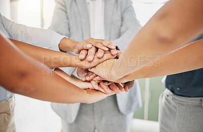 Buy stock photo Hands, business people together and support with solidarity and team building, collaboration with team and corporate group. Working, workforce and mission with teamwork, community and trust at work.