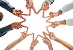 Below business team, star hands and peace for motivation, success or goals in corporate teamwork. Group, support and mission for solidarity, team building or community for our vision in San Francisco