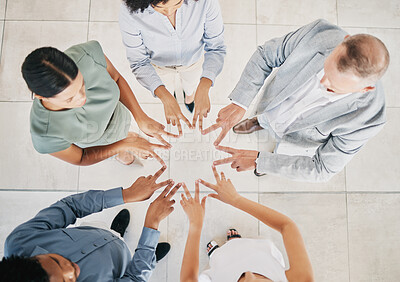 Buy stock photo Peace, hands and top view of team building, business people and support in collaboration, hope and company mission. Trust, partnership and star fingers, v sign emoji and diversity teamwork of success