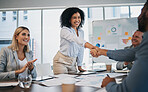 Business people, woman and handshake at meeting, planning and chart on board for target, success or goal. Corporate finance group, applause and celebration for profit, promotion or vision in New York